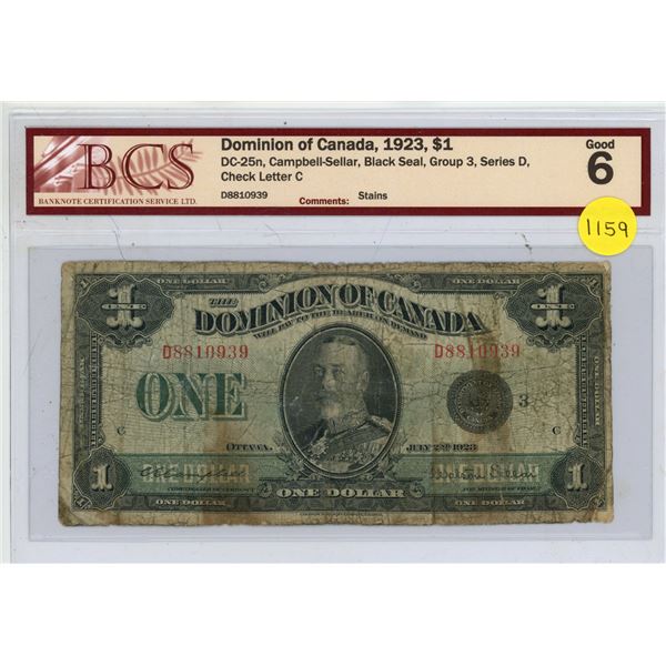 Dominion of Canada 1923 $1. Campbell-Sellar signatures. Black Seal. Group 3. Series D. Check Letter 