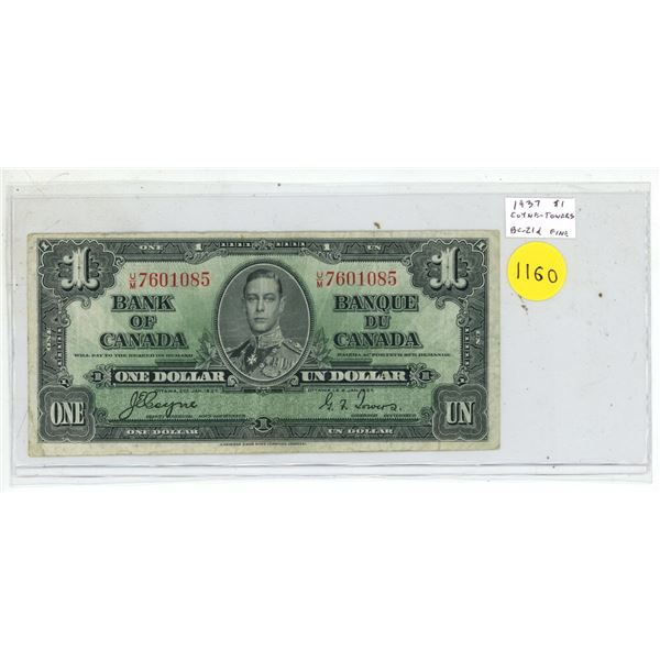 Bank of Canada 1937 $1. Coyne-Towers signatures. U/M Prefix. BC-21d. Fine12.