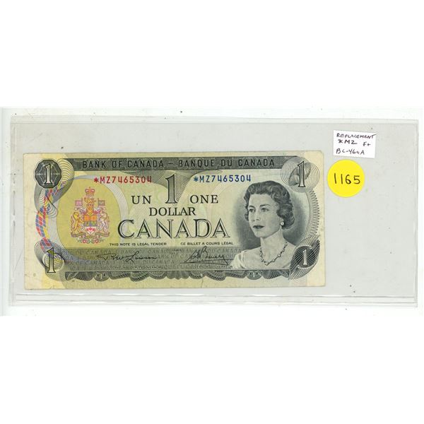 1973 $1 Replacement. Lawson-Bouey signatures. *MZ Replacement Prefix. BC-46aA. Fine12.