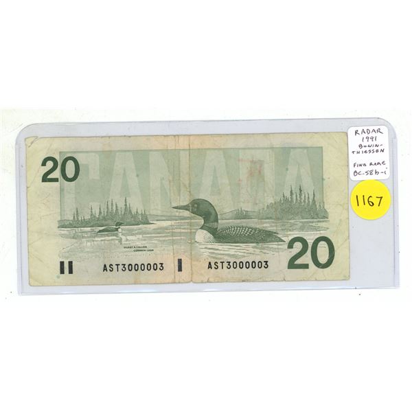 1991 $20 RADAR. Bonin-Thiessen signatures. AST Prefix. RADAR Serial Number 3000003. BC-58b-i. Fine12
