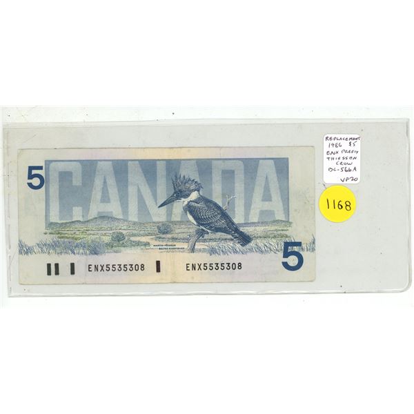 1986 $5 Replacement. Thiessen-Crow signatures. ENX Replacement Prefix. BC-56bA. VF20.