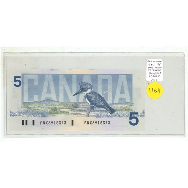 1986 $5 Replacement. Thiessen-Crow signatures. FNX Replacement Prefix. Large F. BC-56bA. Uncirculate