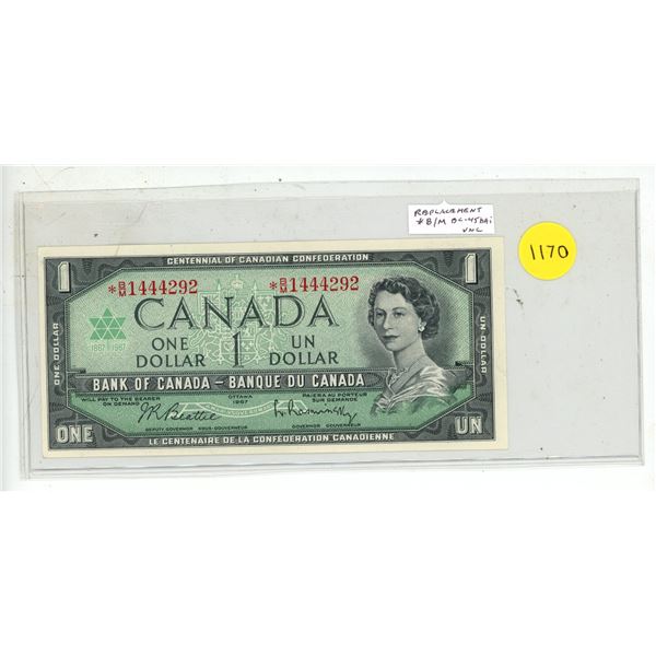 1967 $1 Replacement. Beattie-Rasminsky signatures. *B/M Replacement Prefix. BC-45bAi. Uncirculated.