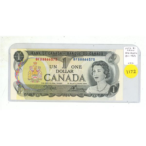 1973 $1. Crow-Bouey signatures. BFB Prefix. BC-46b. Uncirculated.