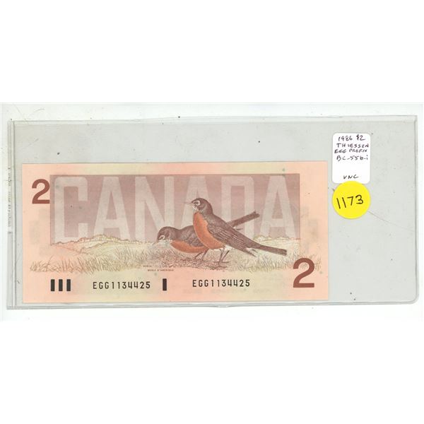 1986 $2. Thiessen-Crow signatures. EGG Prefix. BC-55b-i. Uncirculated.