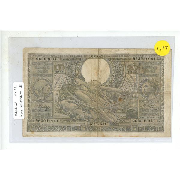 Belgium.1942 20 Francs. Issued during the German occupation of Belgium. VG.