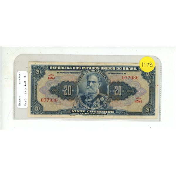 Brazil. 1943 20 Cruzeiros. Issued during World War II. VF.