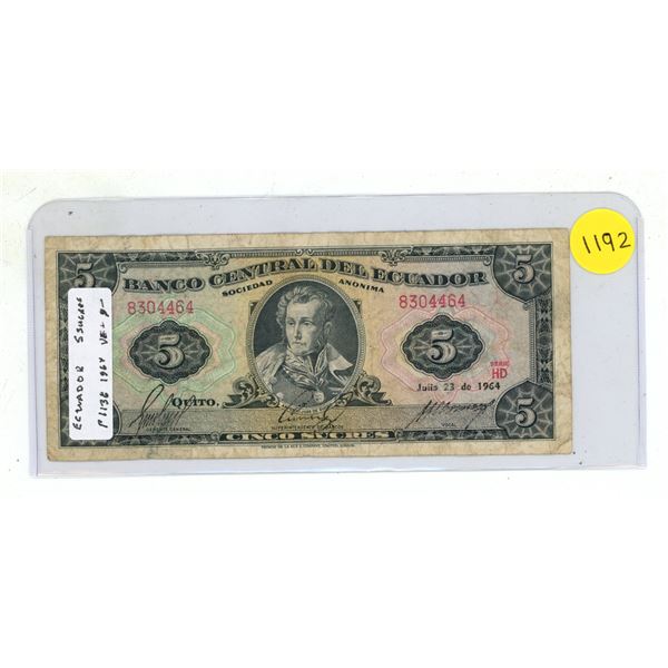 Ecuador. 1964 5 Sucres. VG+.