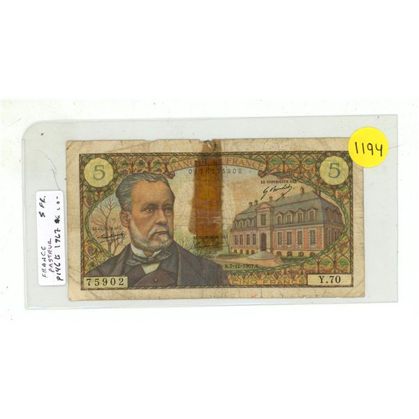 France. 1967 5 Francs. Louis Pasteur. VG with tear and tape.