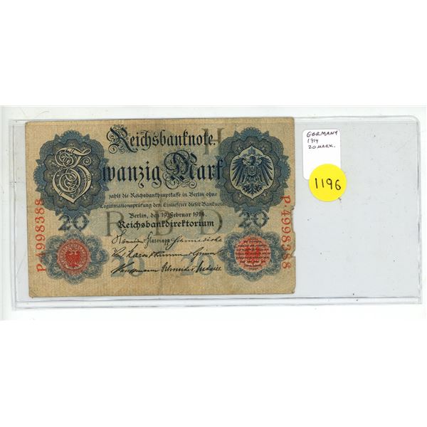 German Empire. 1914 20 Mark Reichsbanknote.  VG.
