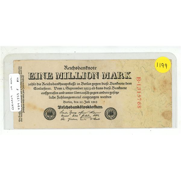 Germany – Weimar Republic. 1923 1 million Mark. Fine.