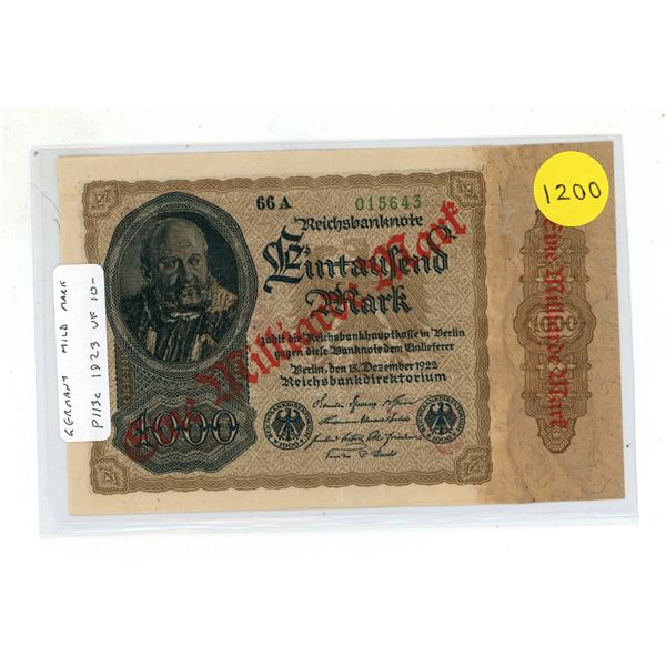 Germany – Weimar Republic. 1923 1 milliarde (Billion) Mark. Overprint on 1000 Mark. VF.