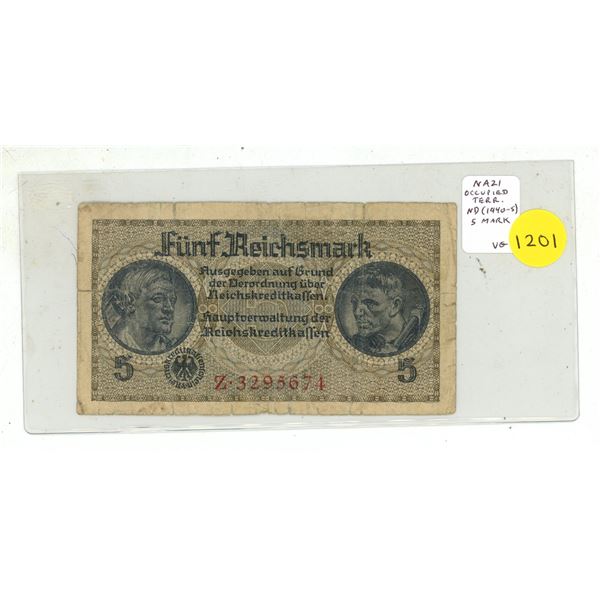Nazi Germany. Issued for use in German occupied Europe. ND (1940 – 1945) 5 Reichsmark. Eagl