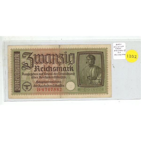 Nazi Germany. Issued for use in German occupied Europe. ND (1940 – 1945) 20 Reichsmark. Eag