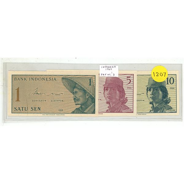Indonesia. Set of 3 1964 notes for 1 Sen, 5 Sen and 10 Sen. Uncirculated.