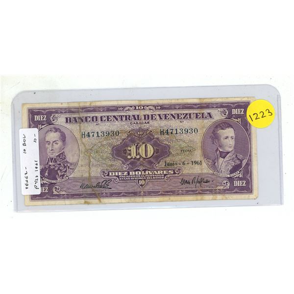 Venezuela. 1961 10 Bolivares. VG with tears and tape.