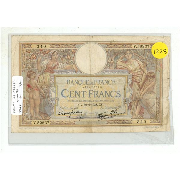 France. 1938 100 Francs. VG.
