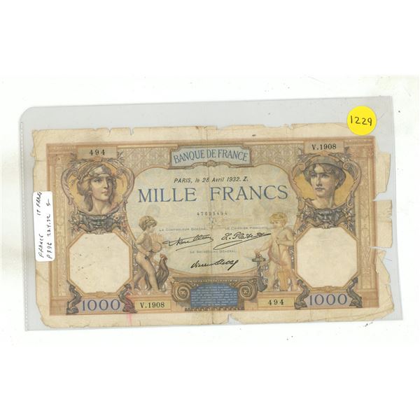 France. 1932 1000 Francs. VG with tears and pieces missing.