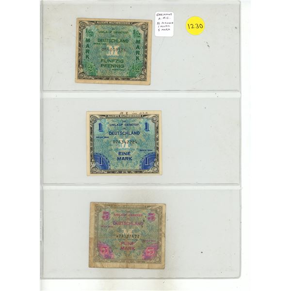 Germany. Set of 3 Allied Military Currency notes. Includes 50 pfennig, 1 mark & 5 mark. Good to VF.