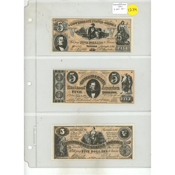 Set of 3 Counterfeit Confederate States of America notes All are dated 1861 with 3 different types o