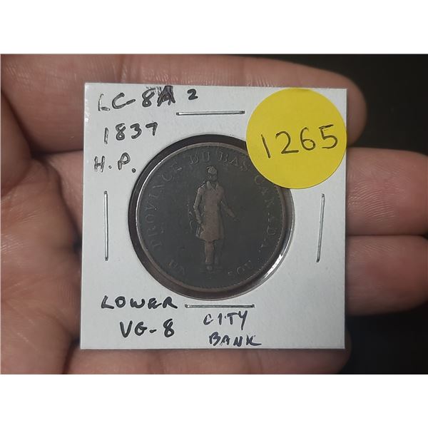 Lower Canada Pre-Confederation 1837 Half Penny Token. City Bank on ribbon.LC-8A2. VG8.