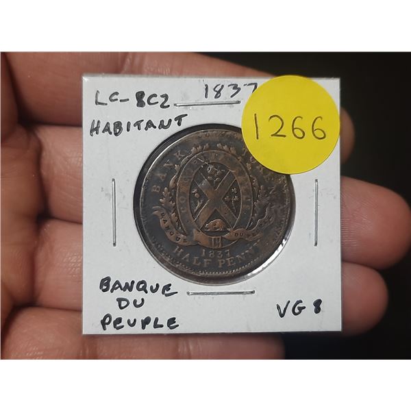Lower Canada Pre-Confederation 1837 Half Penny Token. Banque du Peuple on ribbon. LC-8C2. VG8.