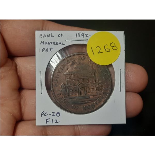 Province of Canada 1842 Bank of Montreal One Penny Token. PC-2B. F12.