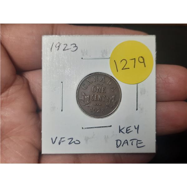 1923 Canadian Small Cent. Key Date. VF20.