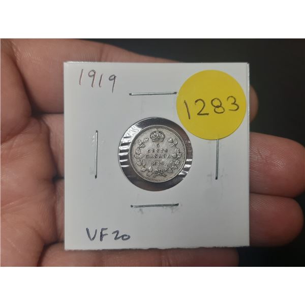 1919 Canadian Silver 5 Cents. VF20.