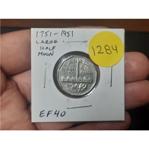 1751 – 1951 Commemorative Nickel 5 Cents with Large Half Moon from Die Clash. EF40.