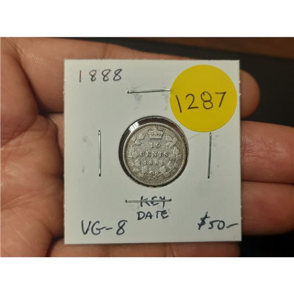 1888 Canadian Victorian Silver 10 Cents. Key Date. VG8.