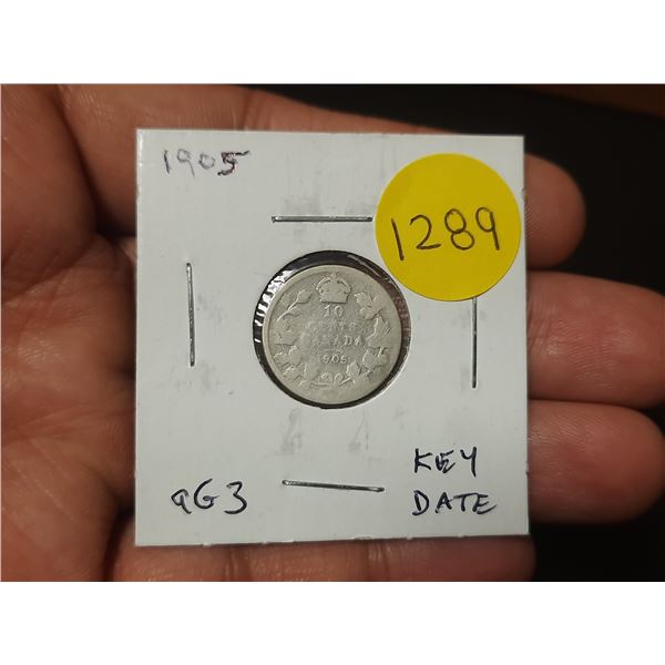 1905 Canadian Silver 10 Cents. Key Date. aG3 with readable date.