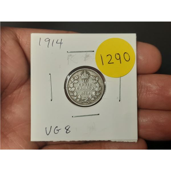 1914 Canadian Silver 10 Cents. Issued during the first year of World War I. VG8.