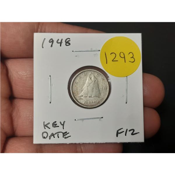 1948 Canadian Silver 10 Cents. Key Date. F12.