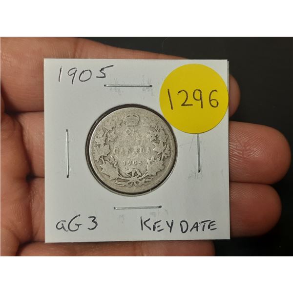 1905 Canadian Silver 25 Cents. Key Date. aG3 with readable date.