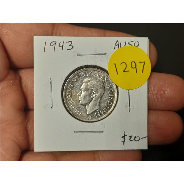 1943 Canadian Silver 25 Cents. AU50.