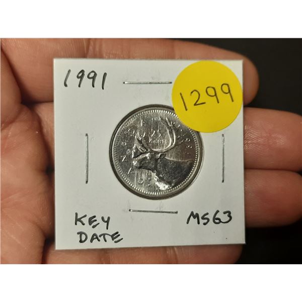 1991 Canadian 25 Cents. Key Date. MS63.