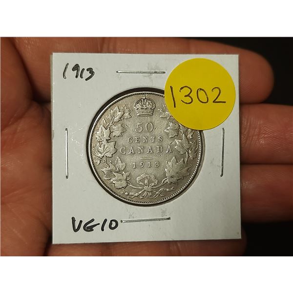 1913 Canadian Silver 50 Cents. VG10.