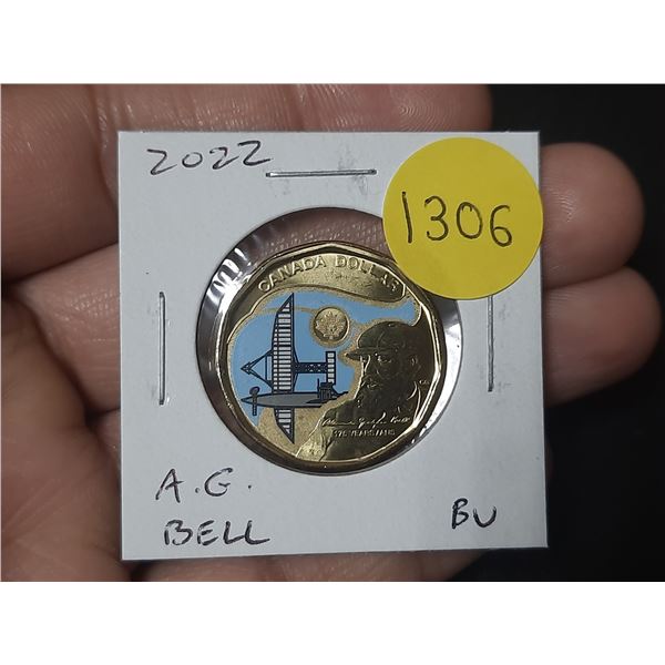 2022 175th Anniversary of the birth of Alexander Graham Bell Loonie. Colourized. BU.