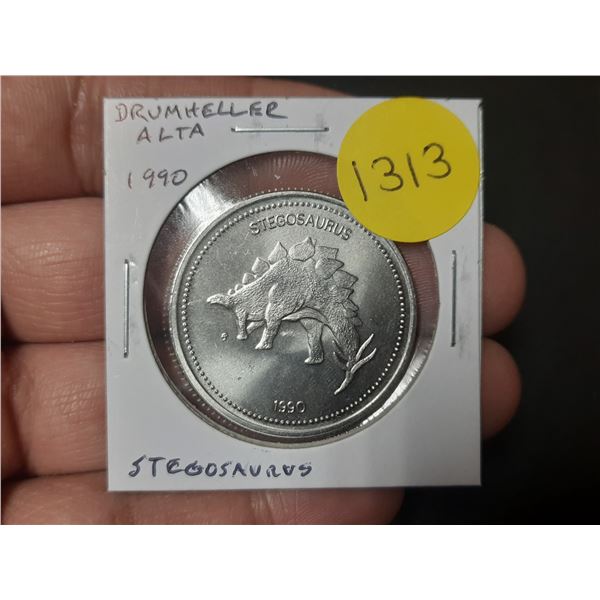 1990 Drumheller Alberta medal. Tyrrell Museum. Stegosaurus. Unc.