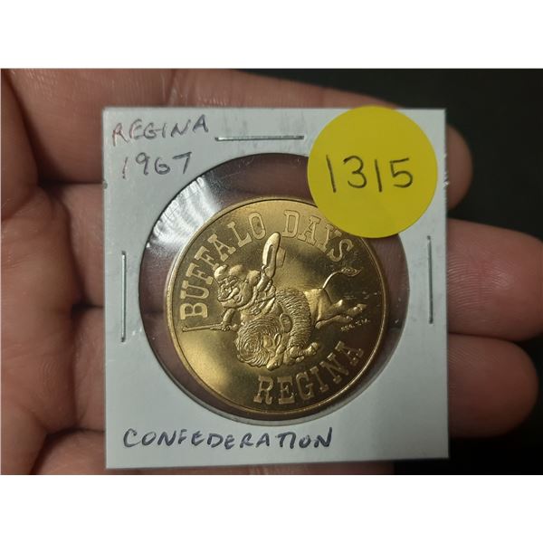 1967 Regina Trade Dollar. Commemorates Buffalo Days and the Centennial of Canadian Confederation. Un
