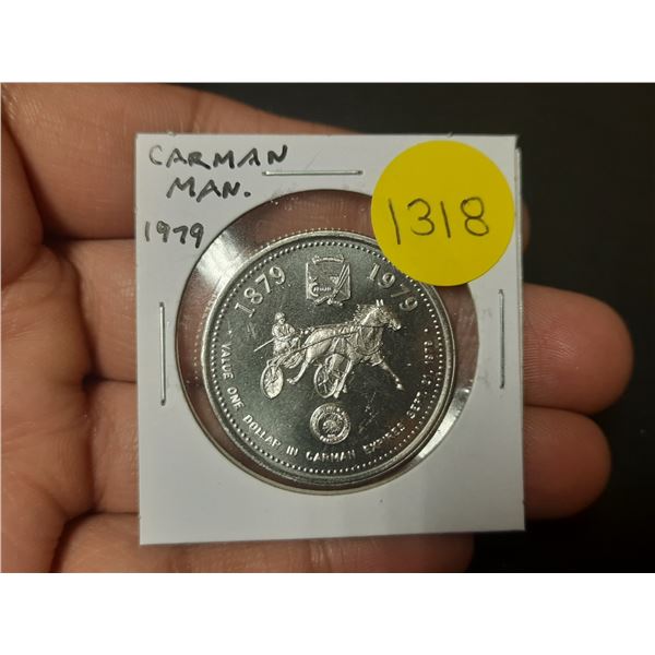 1979 Carman Manitoba Trade Dollar. Harness Racing. Unc.