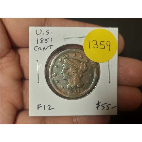 U.S. 1851 Liberty Head Large Cent. F12.