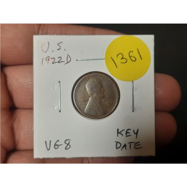 U.S. 1922D Lincoln Cent. Key Date. VG8.