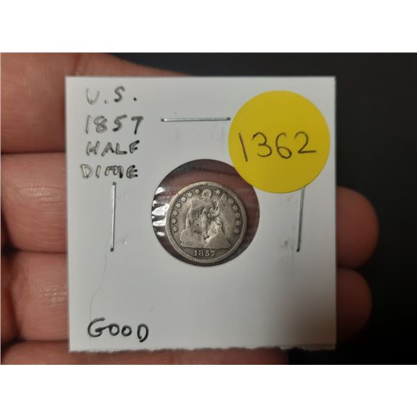 U.S. 1857 Silver Half Dime. Good.