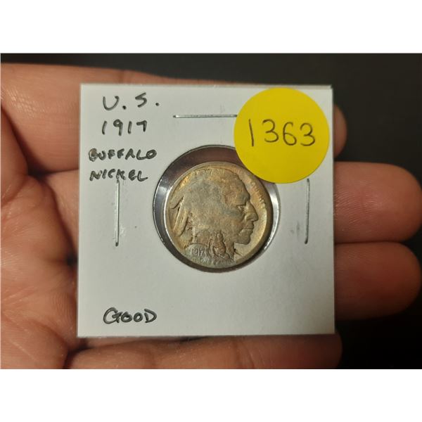 U.S. 1917 Buffalo Nickel. Early Buffalo. Good.