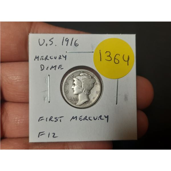 U.S. 1916 Silver Mercury Dime. First Mercury Dime issued. F12.