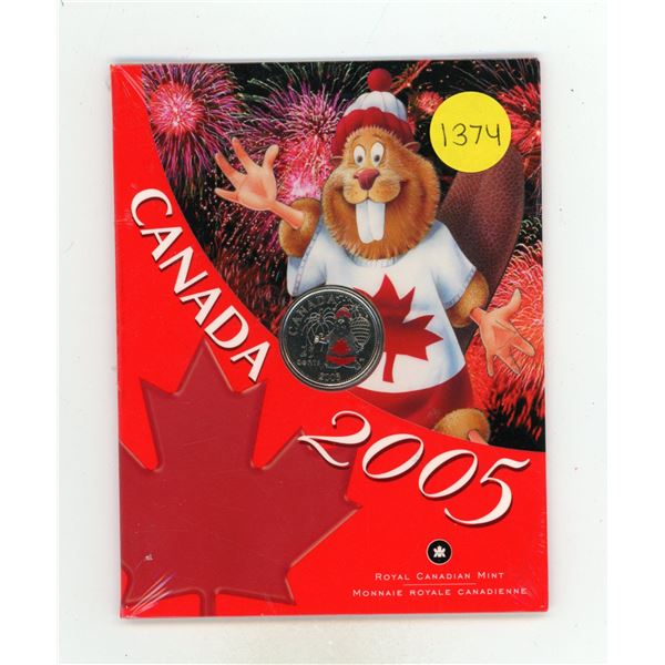 2005 Colourized Canada Day 25 Cents with Beaver wearing a red shirt and toque. Housed in its origina