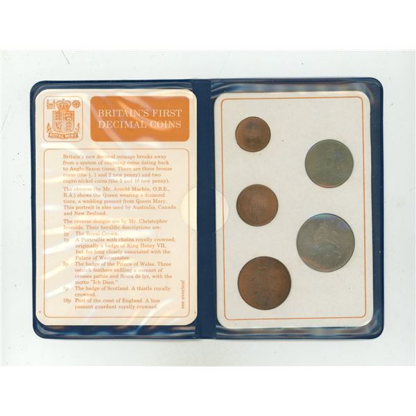 Britain’s First Decimal Coins. Set of 5 1971 Royal Mint issue coins, housed in its original