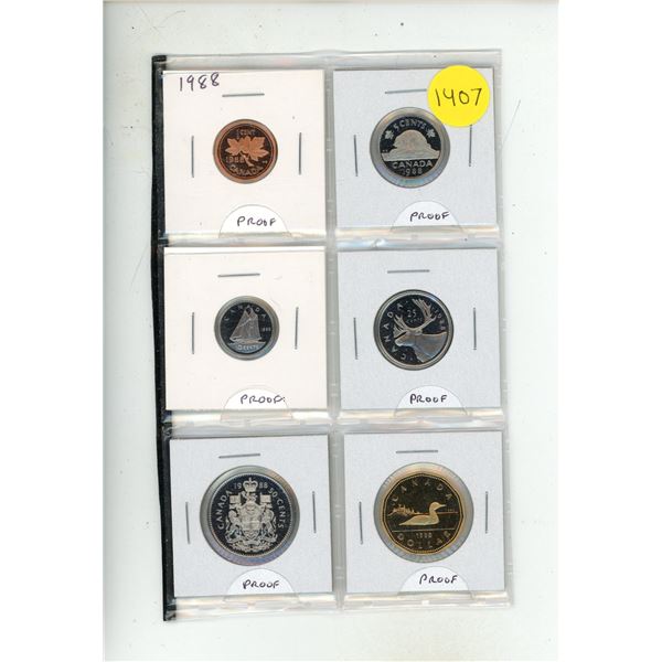 6-coin 1988 Proof Set from Cent to Loonie Dollar. All coins have Ultra Heavy Cameos.